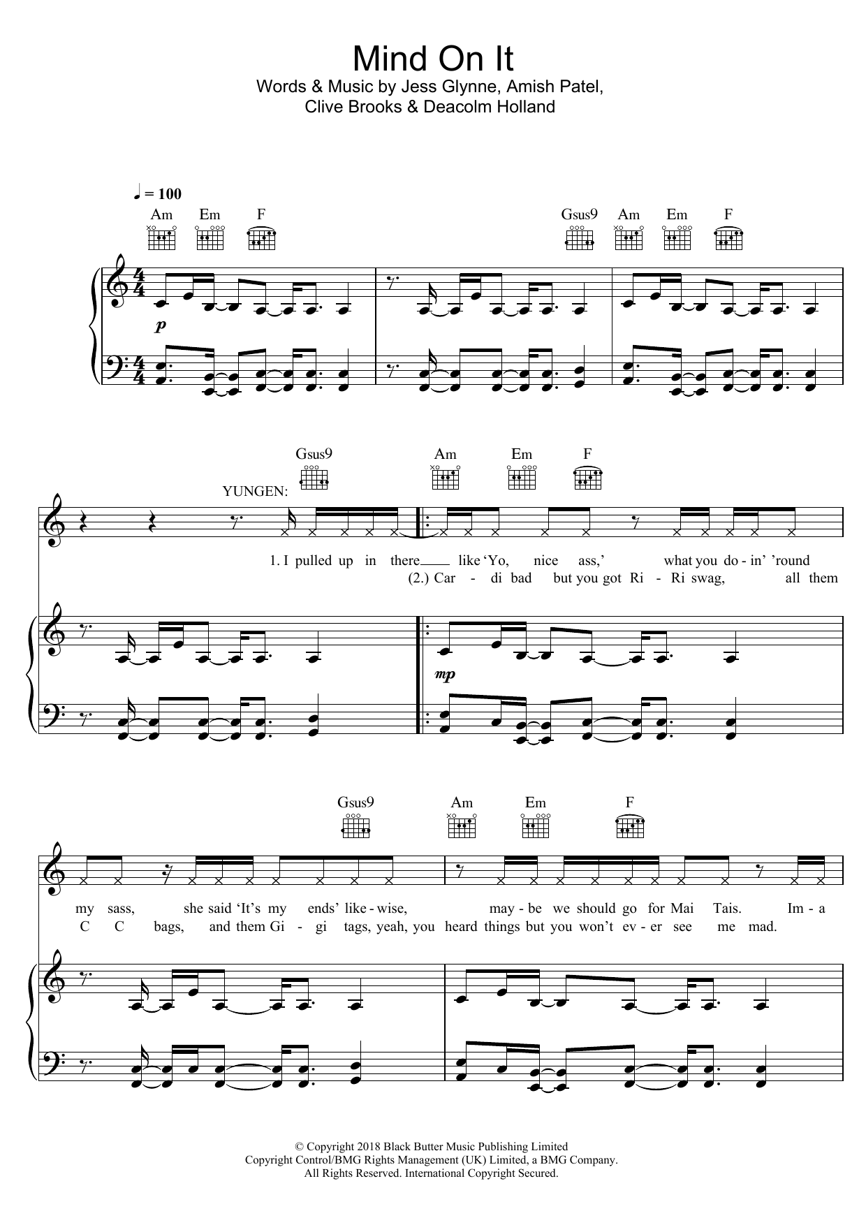 Yungen Mind On It (feat. Jess Glynne) sheet music notes and chords arranged for Piano, Vocal & Guitar Chords