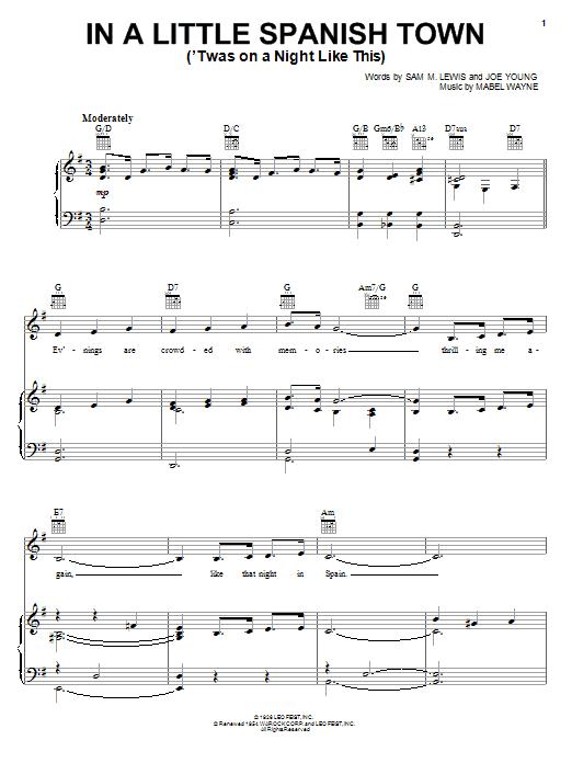 Learn to play Yusef Lateef In A Little Spanish Town ('Twas On A Night Like This) sheet music for Piano, Vocal & Guitar Chords (Right-Hand Melody) in minutes. Price: 7.8900$ Yusef Lateef In A Little Spanish Town ('Twas On A Night Like This) sheet music notes and chords arranged for Piano, Vocal & Guitar Chords (Right-Hand Melody)