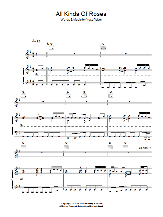 Learn to play Yusuf Islam All Kinds Of Roses sheet music for Piano, Vocal & Guitar Chords in minutes. Price: 7.8900$ Yusuf Islam All Kinds Of Roses sheet music notes and chords arranged for Piano, Vocal & Guitar Chords