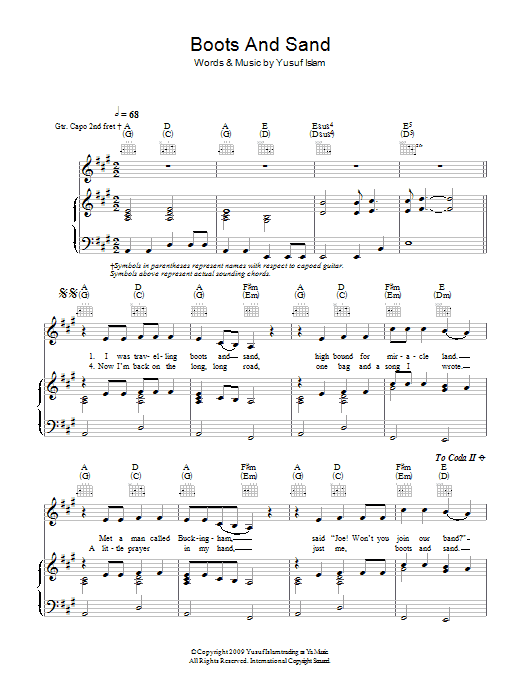 Yusuf Islam Boots And Sand sheet music notes and chords arranged for Piano, Vocal & Guitar Chords