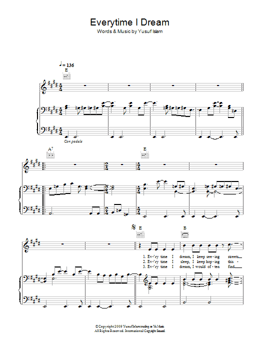 Learn to play Yusuf Islam Everytime I Dream sheet music for Piano, Vocal & Guitar Chords in minutes. Price: 7.8900$ Yusuf Islam Everytime I Dream sheet music notes and chords arranged for Piano, Vocal & Guitar Chords