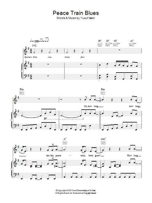 Yusuf Islam Peace Train Blues sheet music notes and chords arranged for Piano, Vocal & Guitar Chords