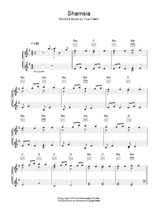 Learn to play Yusuf Islam Shamsia sheet music for Piano, Vocal & Guitar Chords in minutes. Price: 7.8900$ Yusuf Islam Shamsia sheet music notes and chords arranged for Piano, Vocal & Guitar Chords