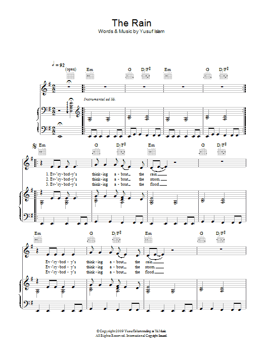 Learn to play Yusuf Islam The Rain sheet music for Piano, Vocal & Guitar Chords in minutes. Price: 7.8900$ Yusuf Islam The Rain sheet music notes and chords arranged for Piano, Vocal & Guitar Chords