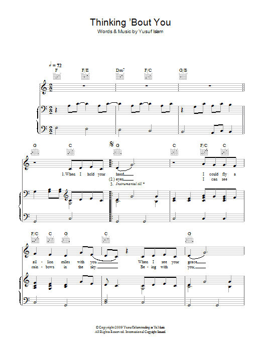 Learn to play Yusuf Islam Thinking 'Bout You sheet music for Piano, Vocal & Guitar Chords in minutes. Price: 7.8900$ Yusuf Islam Thinking 'Bout You sheet music notes and chords arranged for Piano, Vocal & Guitar Chords