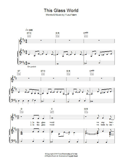 Learn to play Yusuf Islam This Glass World sheet music for Piano, Vocal & Guitar Chords in minutes. Price: 7.8900$ Yusuf Islam This Glass World sheet music notes and chords arranged for Piano, Vocal & Guitar Chords