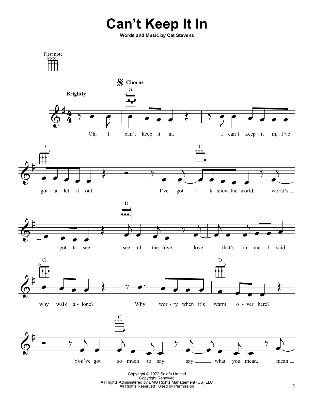 Learn to play Yusuf/Cat Stevens Can't Keep It In sheet music for Ukulele in minutes. Price: 5.9900$ Yusuf/Cat Stevens Can't Keep It In sheet music notes and chords arranged for Ukulele