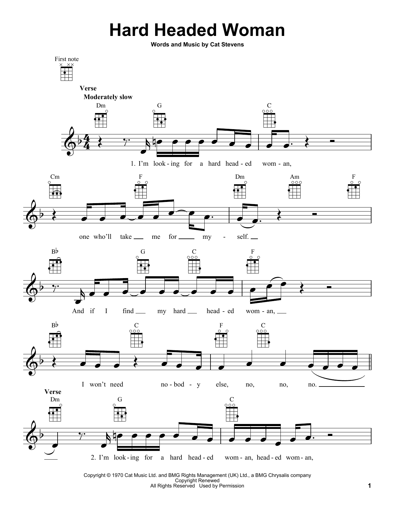 Learn to play Yusuf/Cat Stevens Hard Headed Woman sheet music for Ukulele in minutes. Price: 5.9900$ Yusuf/Cat Stevens Hard Headed Woman sheet music notes and chords arranged for Ukulele