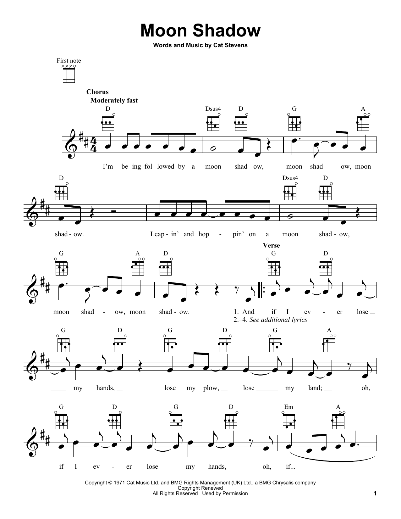 Learn to play Yusuf/Cat Stevens Moon Shadow sheet music for Ukulele in minutes. Price: 5.9900$ Yusuf/Cat Stevens Moon Shadow sheet music notes and chords arranged for Ukulele