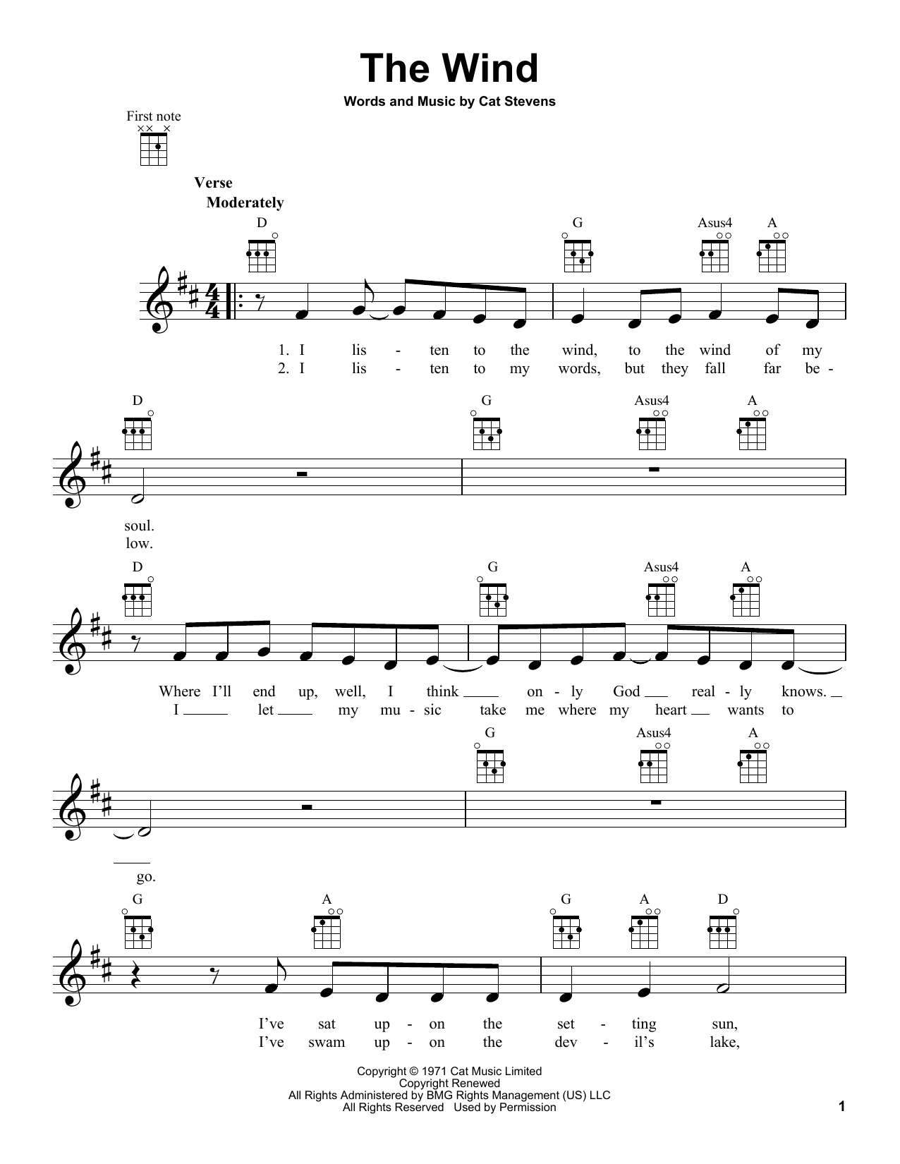 Learn to play Yusuf/Cat Stevens The Wind sheet music for Ukulele in minutes. Price: 5.9900$ Yusuf/Cat Stevens The Wind sheet music notes and chords arranged for Ukulele