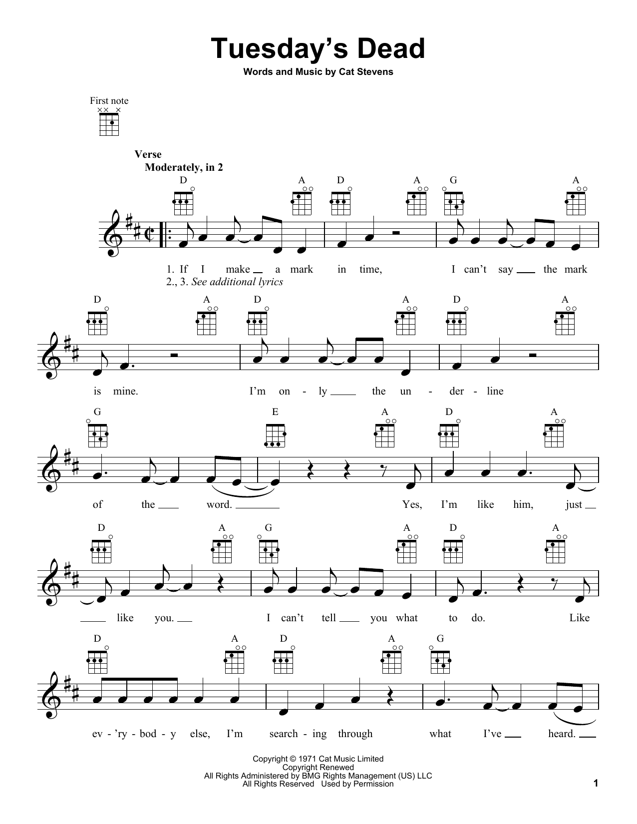 Learn to play Yusuf/Cat Stevens Tuesday's Dead sheet music for Ukulele in minutes. Price: 5.9900$ Yusuf/Cat Stevens Tuesday's Dead sheet music notes and chords arranged for Ukulele