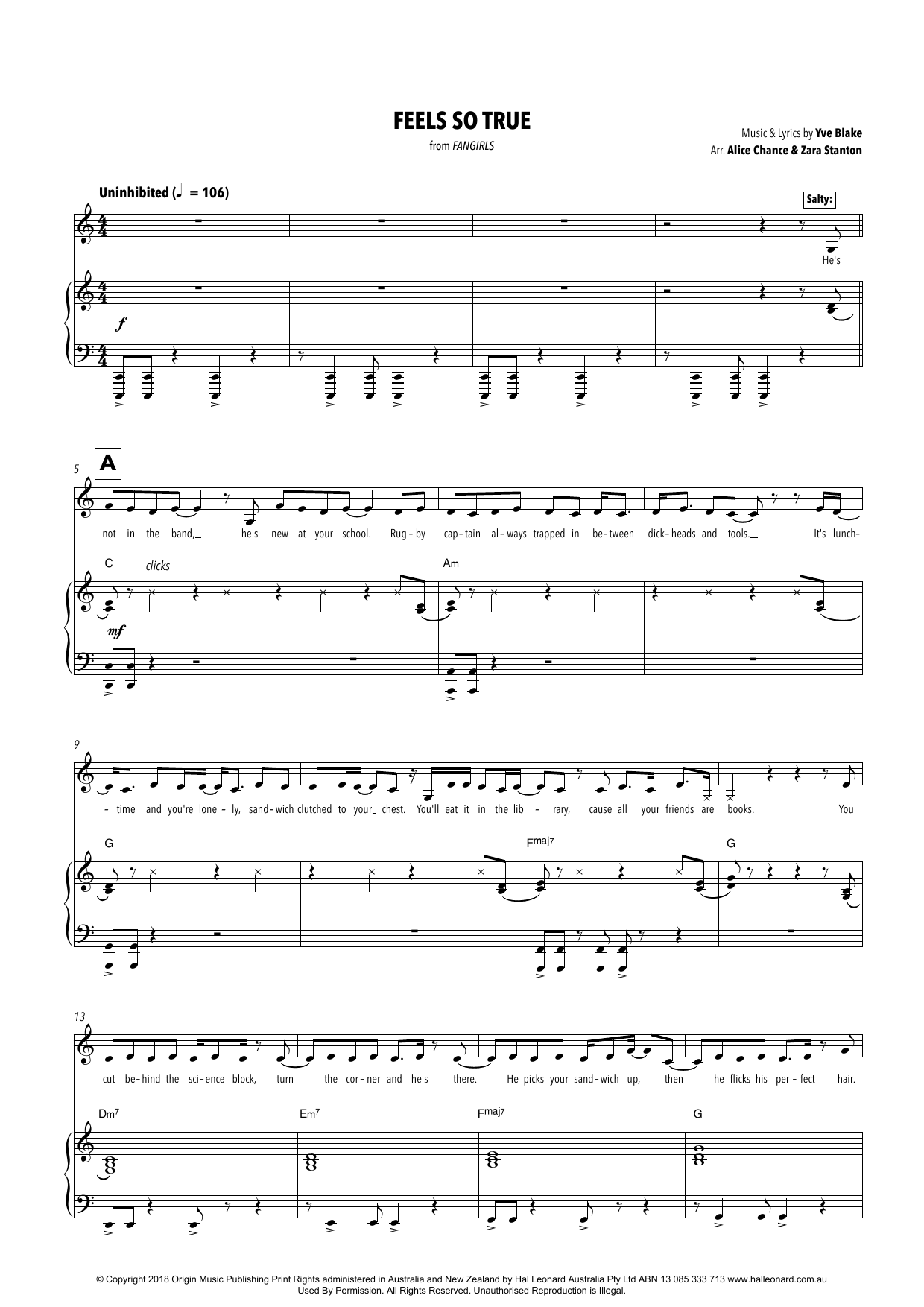 Learn to play Yve Blake Feels So True (from Fangirls) (arr. Alice Chance and Zara Stanton) sheet music for Piano & Vocal in minutes. Price: 7.8900$ Yve Blake Feels So True (from Fangirls) (arr. Alice Chance and Zara Stanton) sheet music notes and chords arranged for Piano & Vocal