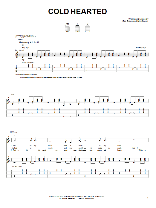 Zac Brown Band Cold Hearted sheet music notes and chords. Download Printable PDF.