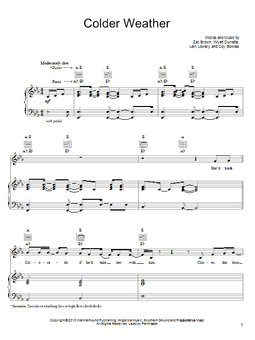 Zac Brown Band Colder Weather sheet music notes and chords. Download Printable PDF.