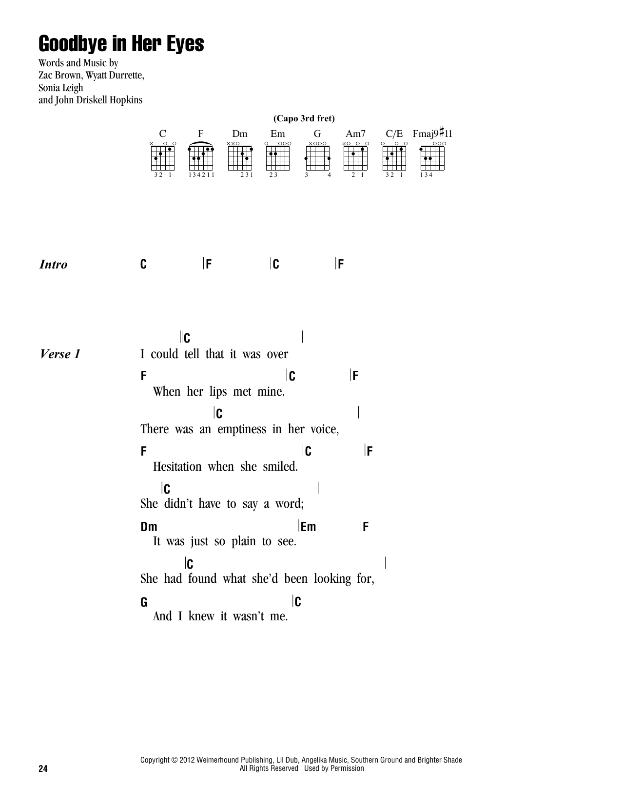 Zac Brown Band Goodbye In Her Eyes sheet music notes and chords. Download Printable PDF.