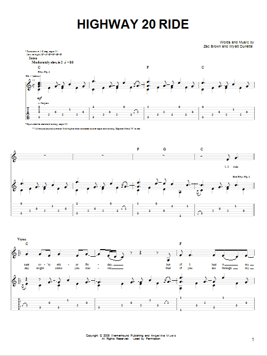 Zac Brown Band Highway 20 Ride sheet music notes and chords. Download Printable PDF.