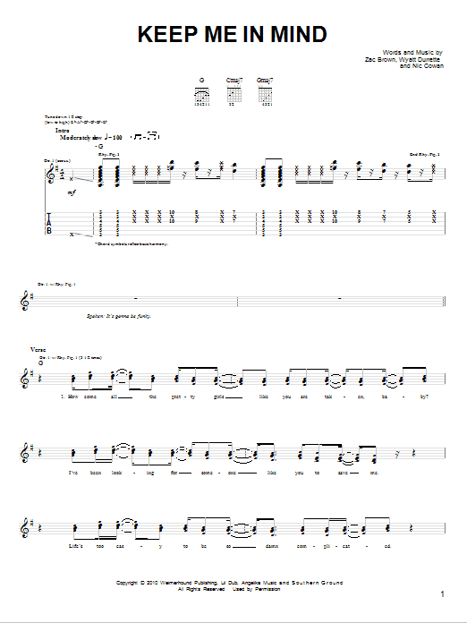 Zac Brown Band Keep Me In Mind sheet music notes and chords. Download Printable PDF.