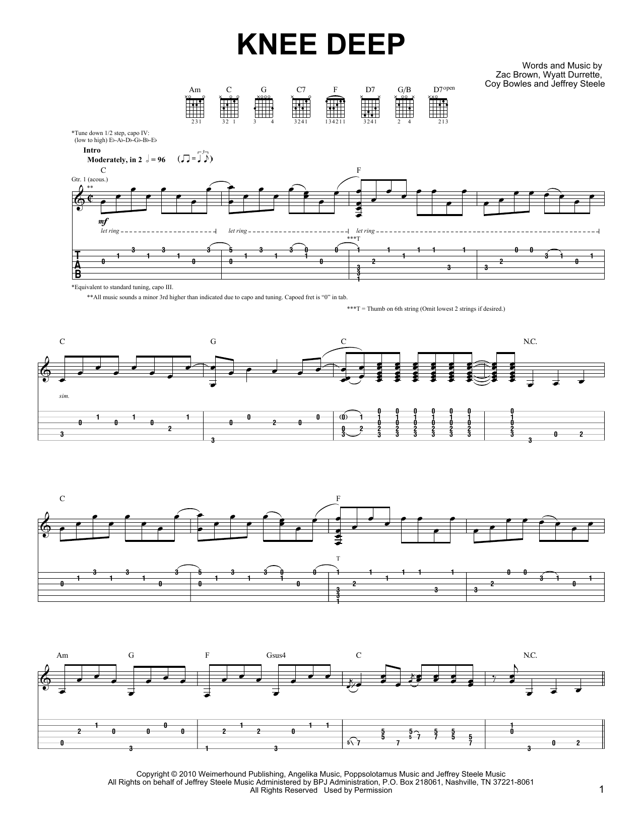 Zac Brown Band Knee Deep sheet music notes and chords. Download Printable PDF.