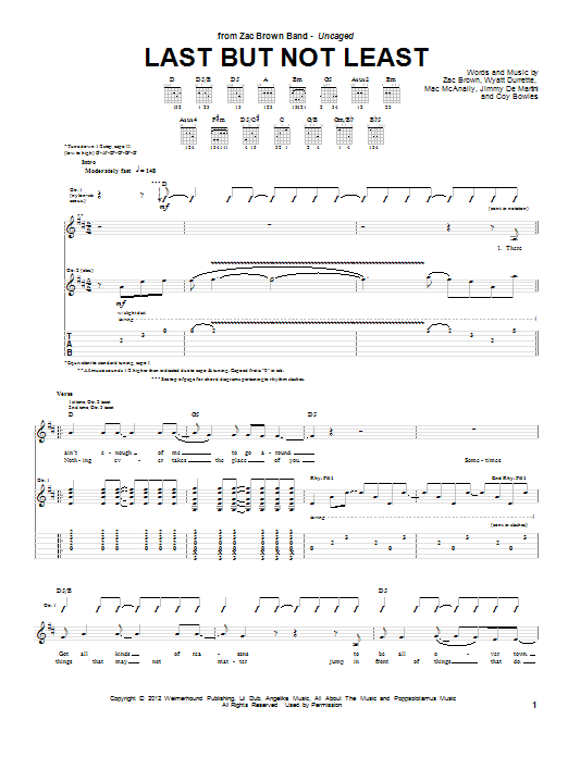 Learn to play Zac Brown Band Last But Not Least sheet music for Guitar Tab in minutes. Price: 7.8900$ Zac Brown Band Last But Not Least sheet music notes and chords arranged for Guitar Tab
