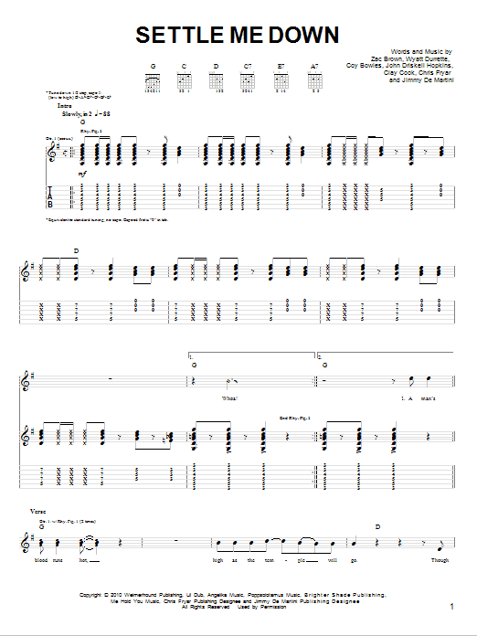 Zac Brown Band Settle Me Down sheet music notes and chords. Download Printable PDF.