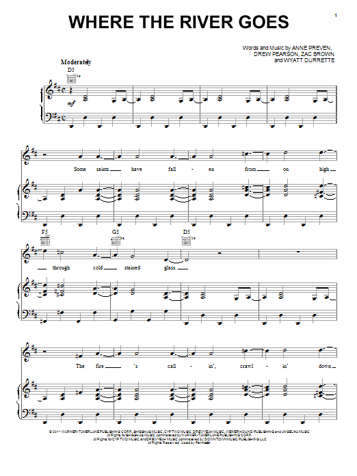 Zac Brown Where The River Goes sheet music notes and chords arranged for Piano, Vocal & Guitar Chords (Right-Hand Melody)