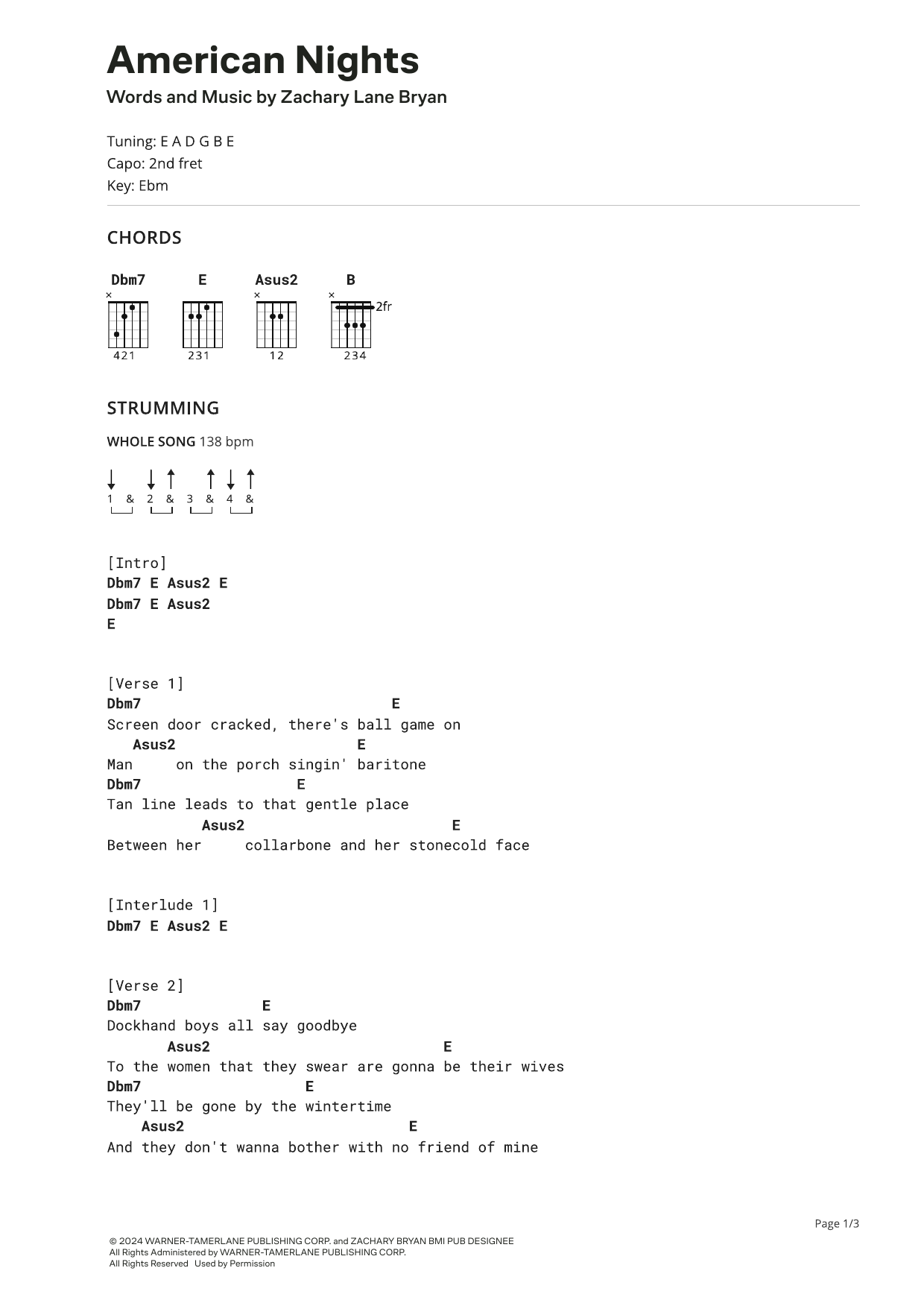 Zach Bryan American Nights sheet music notes and chords. Download Printable PDF.