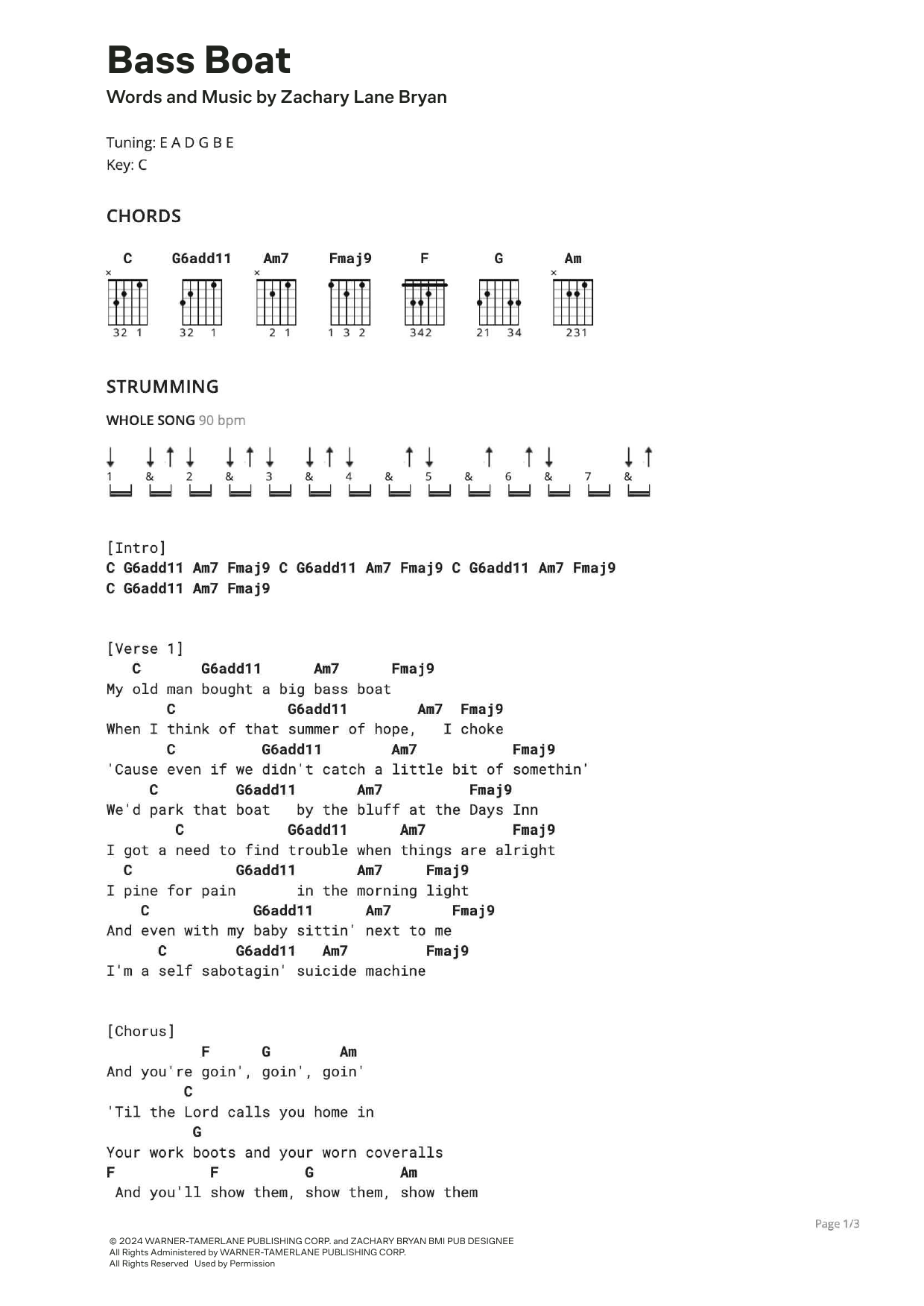 Zach Bryan Bass Boat sheet music notes and chords. Download Printable PDF.