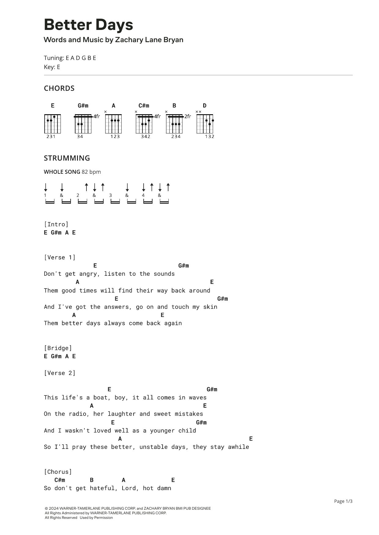 Zach Bryan Better Days (feat. John Mayer) sheet music notes and chords. Download Printable PDF.