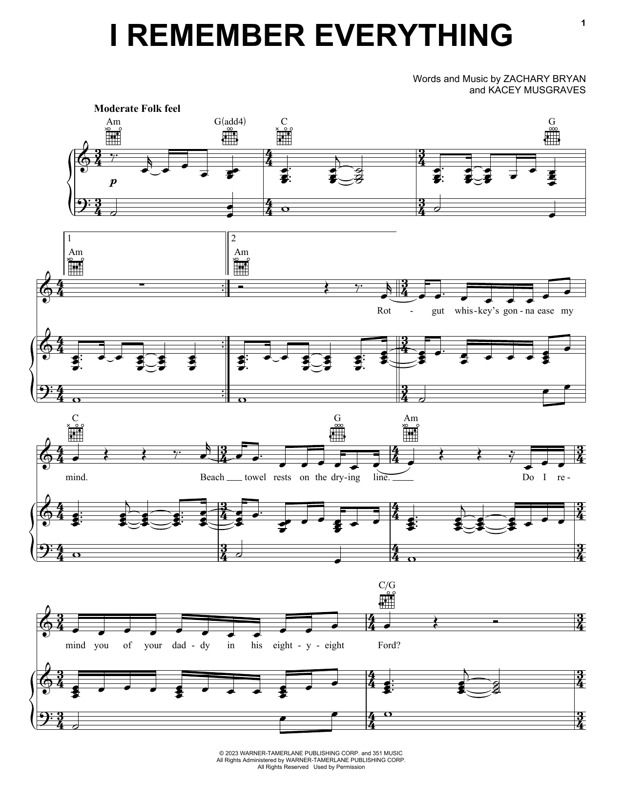 Zachary Bryan I Remember Everything (arr. Kacey Musgraves) sheet music notes and chords. Download Printable PDF.