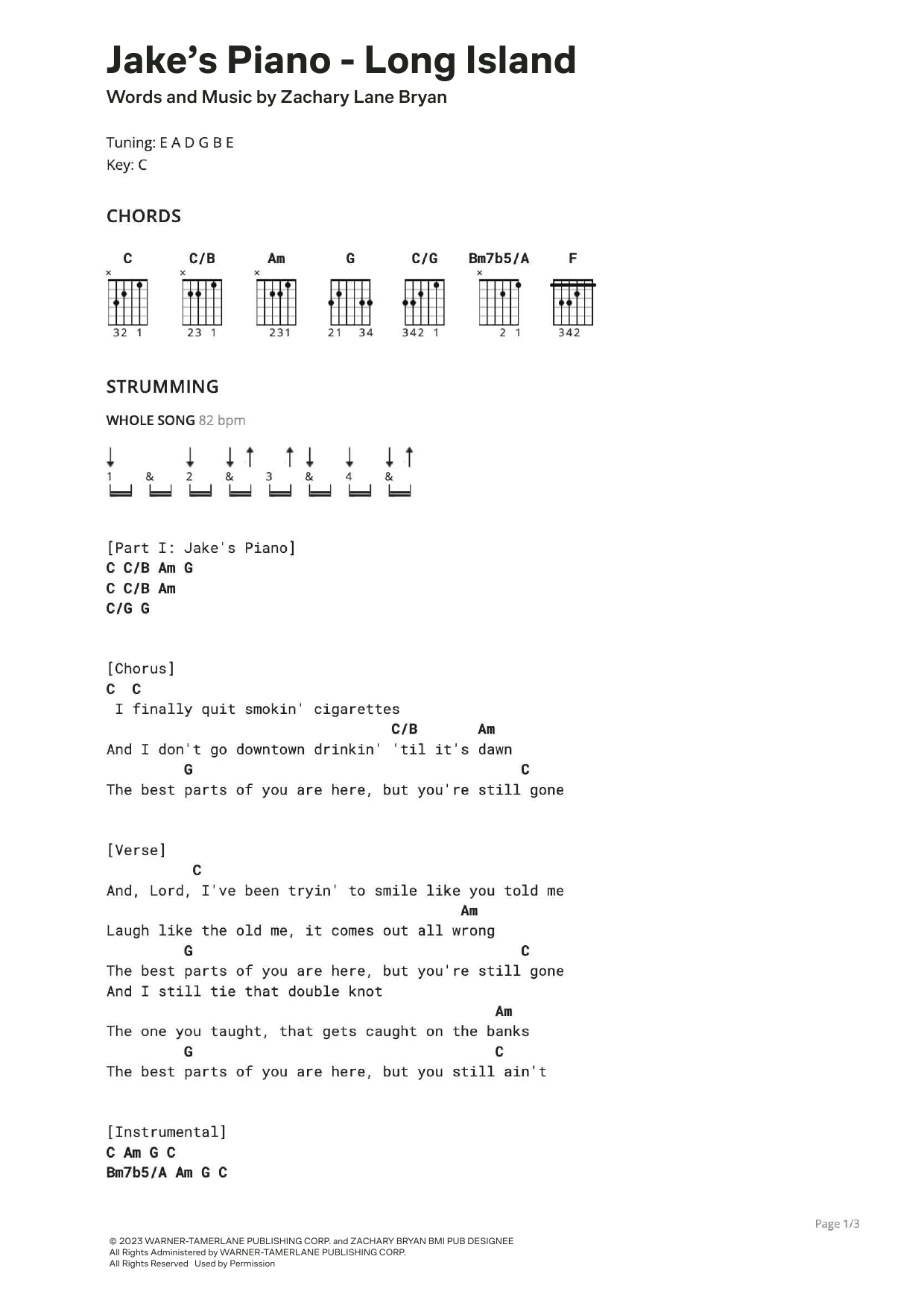 Zach Bryan Jake's Piano - Long Island sheet music notes and chords arranged for Ultimate Guitar