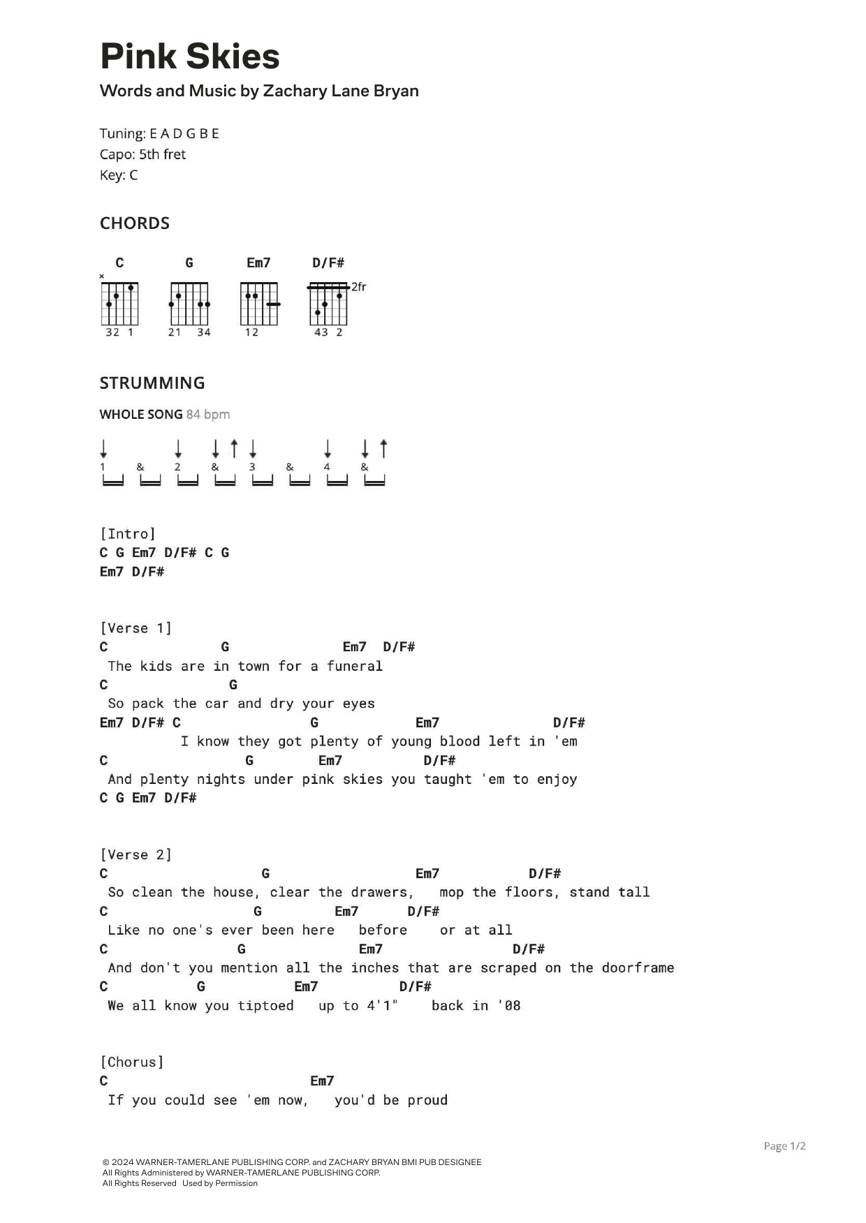 Zach Bryan Pink Skies sheet music notes and chords arranged for Ultimate Guitar