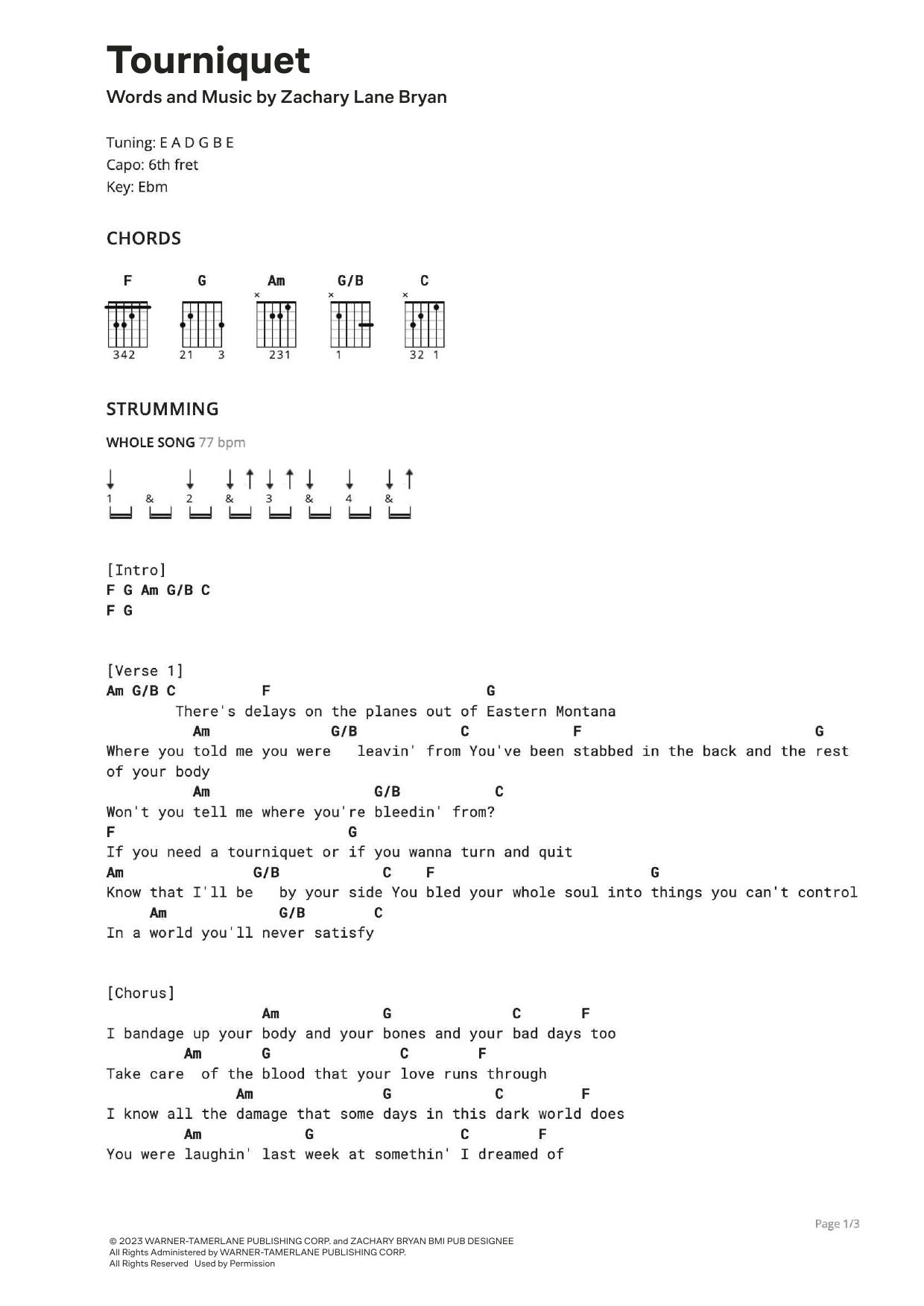 Zach Bryan Tourniquet sheet music notes and chords arranged for Ultimate Guitar