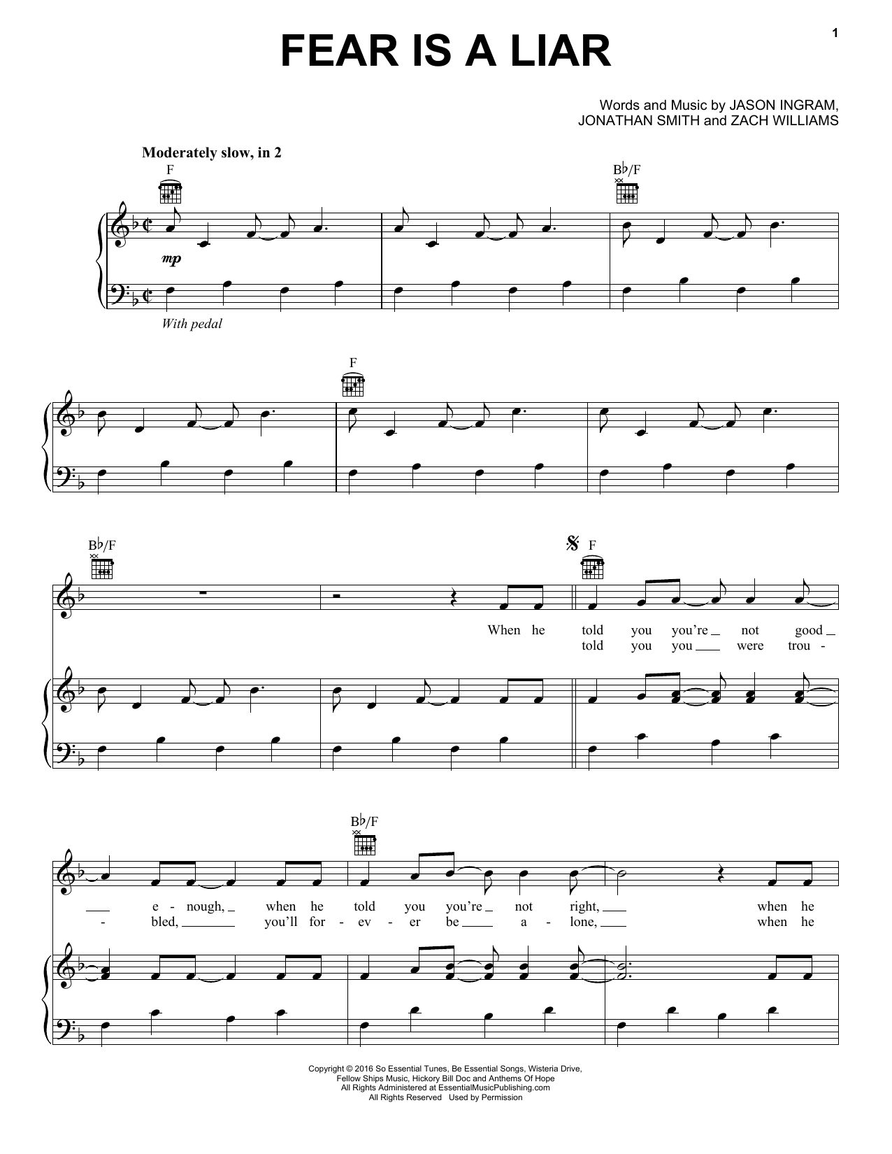 Zach Williams Fear Is A Liar sheet music notes and chords. Download Printable PDF.