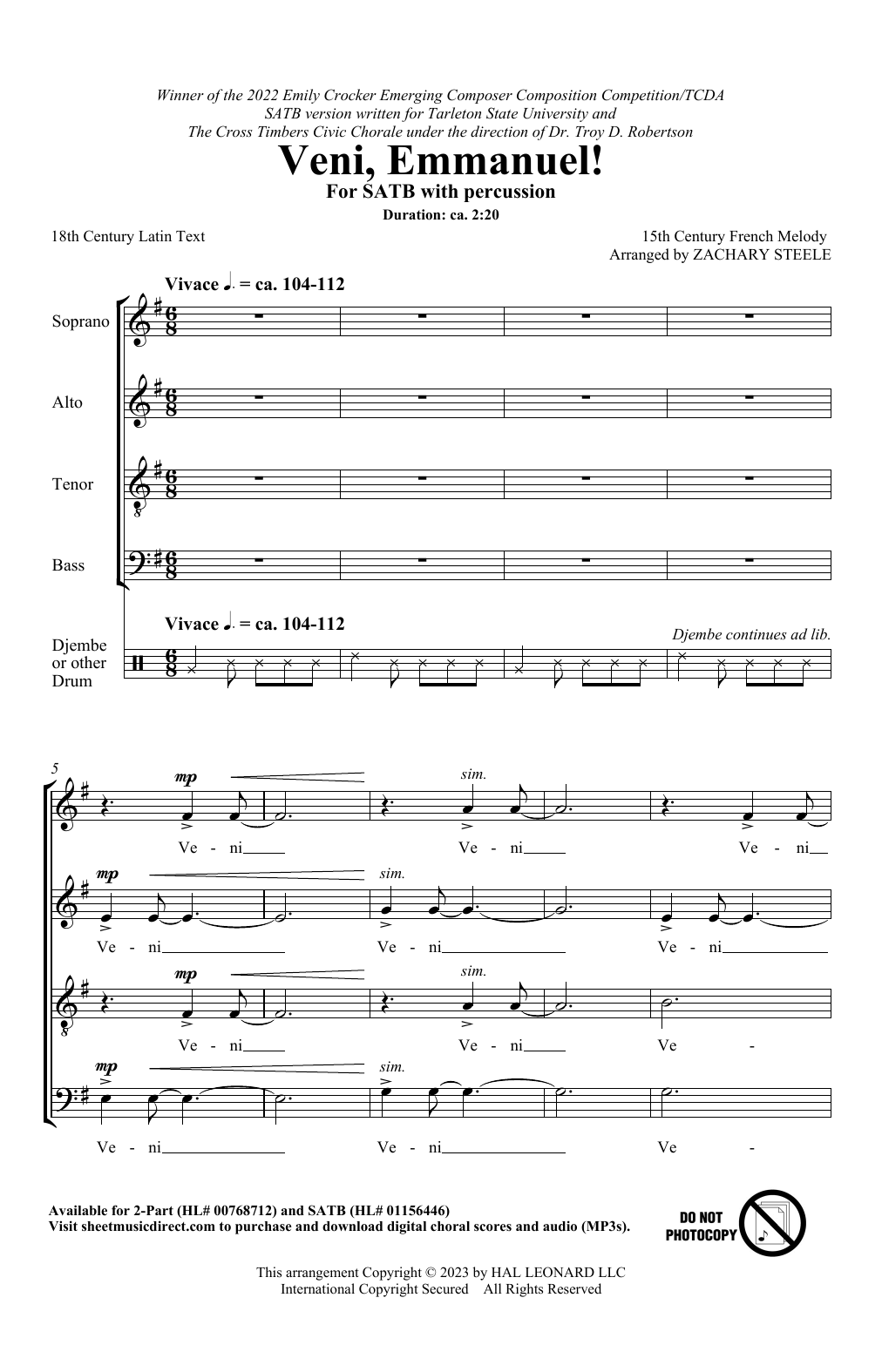 Zachary Steele Veni, Emmanuel sheet music notes and chords. Download Printable PDF.