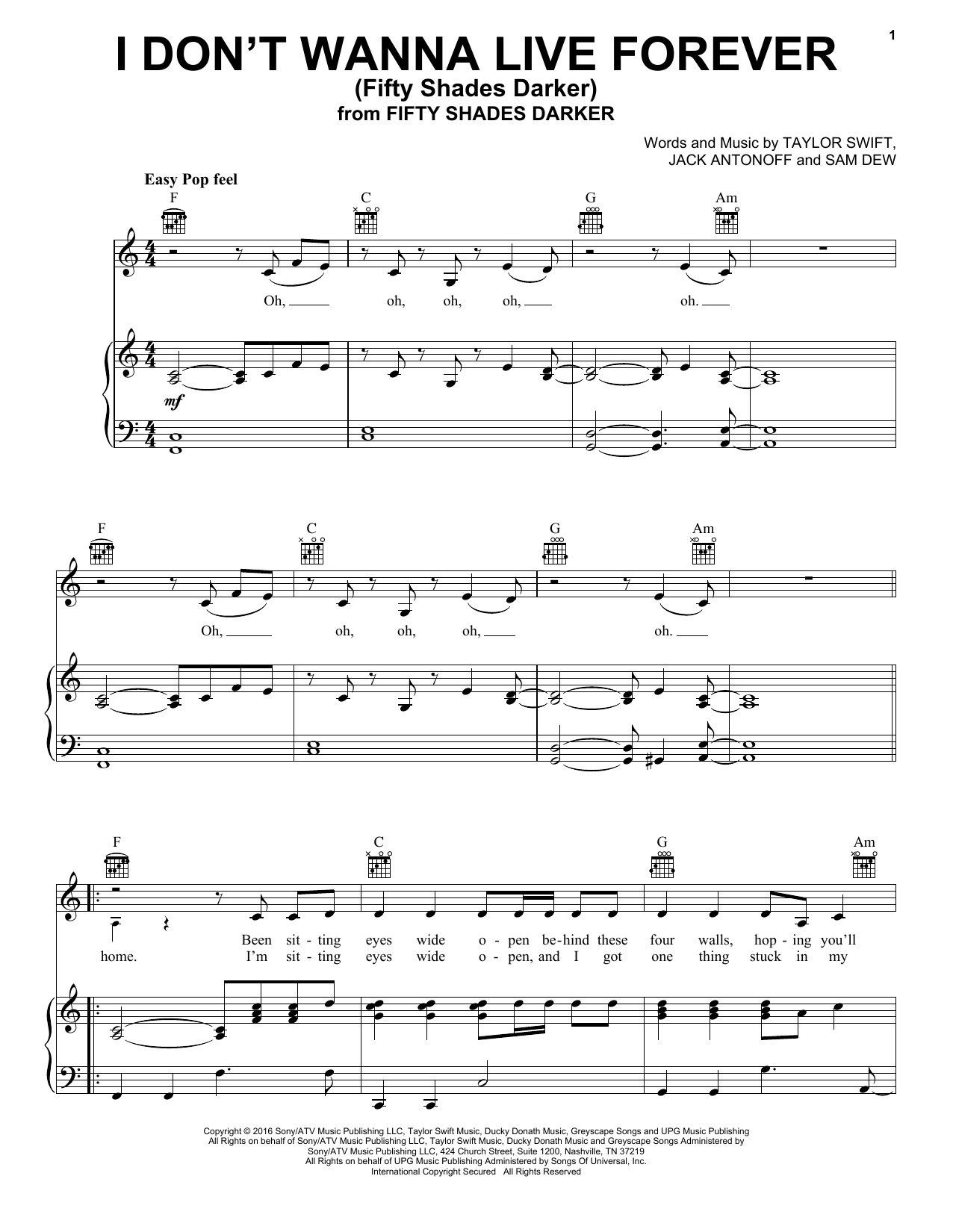 Zayn and Taylor Swift I Don't Wanna Live Forever sheet music notes and chords. Download Printable PDF.