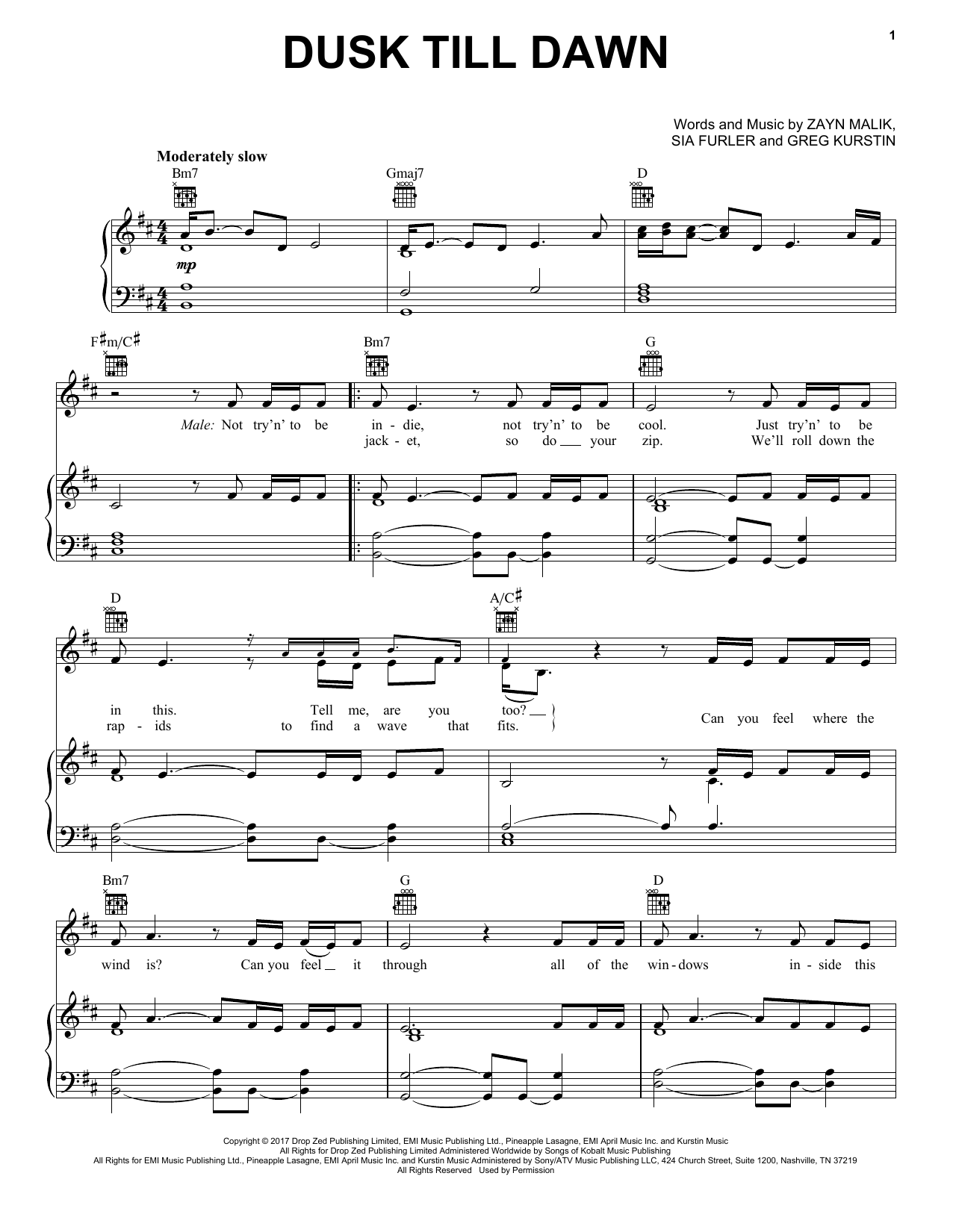 ZAYN feat. Sia Dusk Till Dawn sheet music notes and chords. Download Printable PDF.