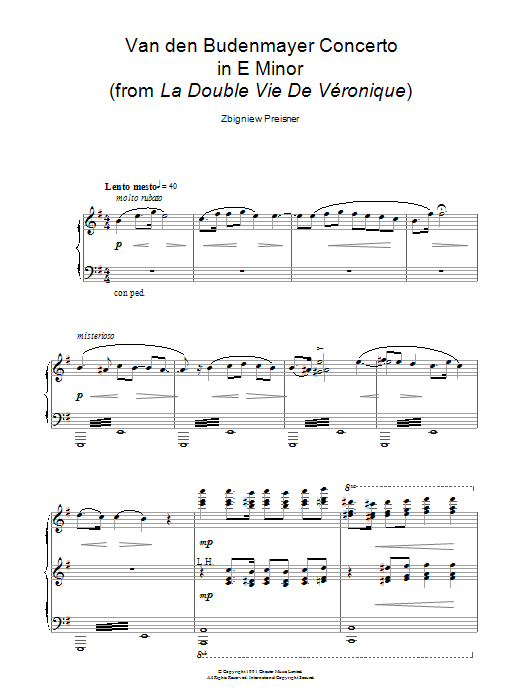 Zbigniew Preisner Van Den Budenmayer Concerto In E Minor (from the film La Double Vie De Veronique) sheet music notes and chords. Download Printable PDF.