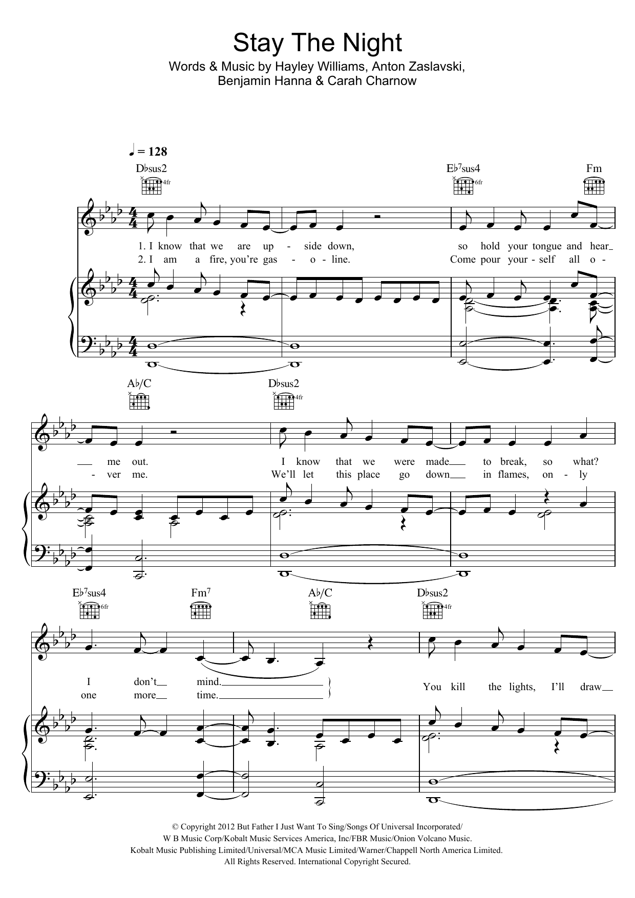 Zedd Stay The Night (feat. Hayley Williams) sheet music notes and chords arranged for Piano, Vocal & Guitar Chords