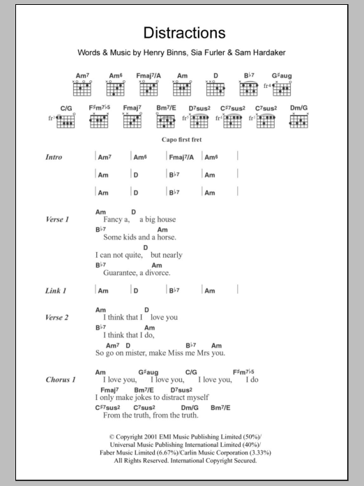 Learn to play Zero 7 Distractions sheet music for Guitar Chords/Lyrics in minutes. Price: 4.4900$ Zero 7 Distractions sheet music notes and chords arranged for Guitar Chords/Lyrics