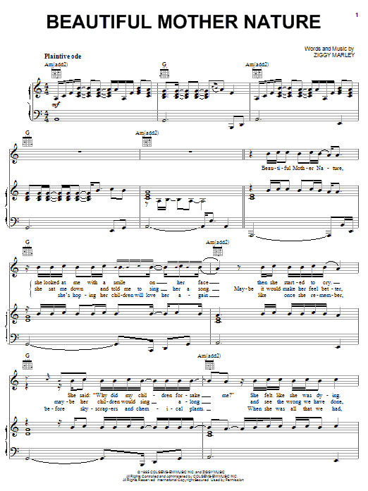 Ziggy Marley Beautiful Mother Nature sheet music notes and chords arranged for Piano, Vocal & Guitar Chords (Right-Hand Melody)