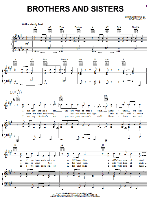 Ziggy Marley Brothers And Sisters sheet music notes and chords arranged for Piano, Vocal & Guitar Chords (Right-Hand Melody)