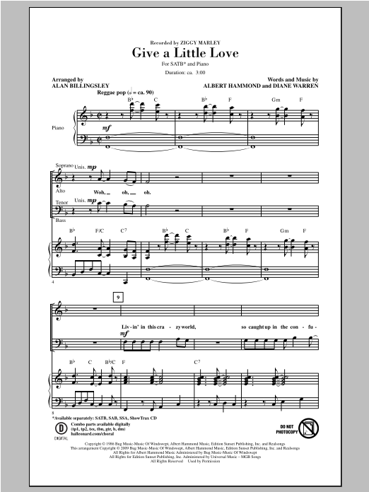 Learn to play Ziggy Marley Give A Little Love (arr. Alan Billingsley) sheet music for SATB Choir in minutes. Price: 3.9900$ Ziggy Marley Give A Little Love (arr. Alan Billingsley) sheet music notes and chords arranged for SATB Choir