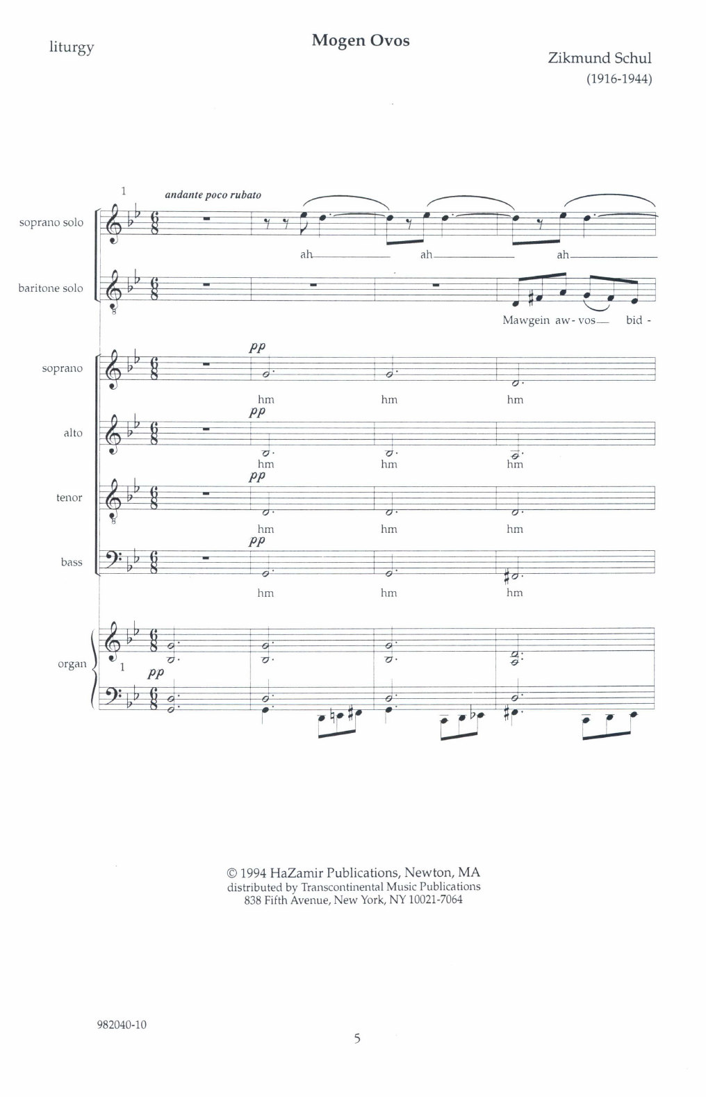 Zikmund Schul Mogen Ovos sheet music notes and chords. Download Printable PDF.