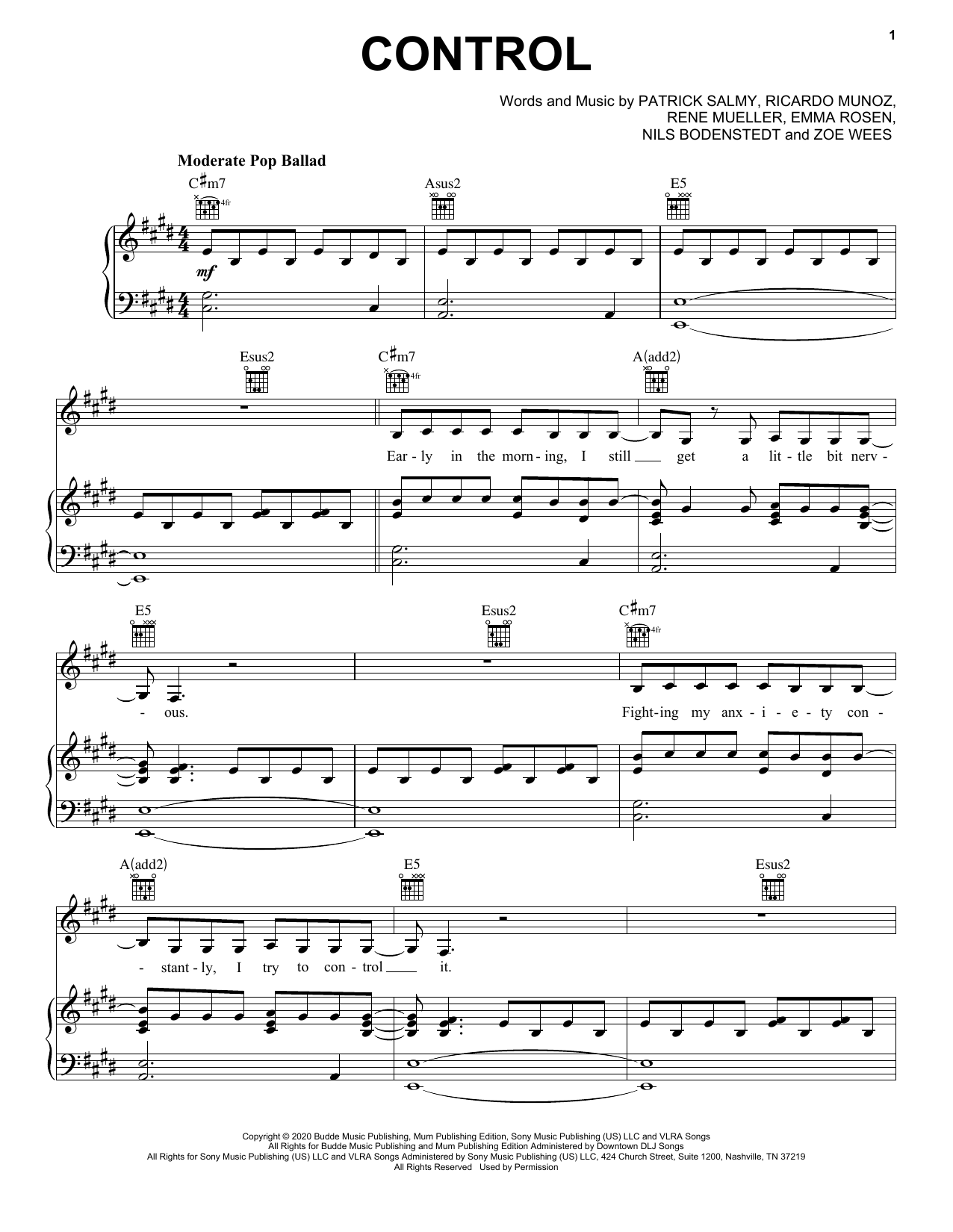 Zoe Wees Control sheet music notes and chords. Download Printable PDF.