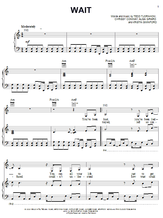 ZOEgirl Wait sheet music notes and chords arranged for Piano, Vocal & Guitar Chords (Right-Hand Melody)