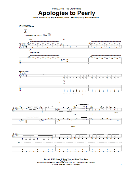 ZZ Top Apologies To Pearly sheet music notes and chords. Download Printable PDF.