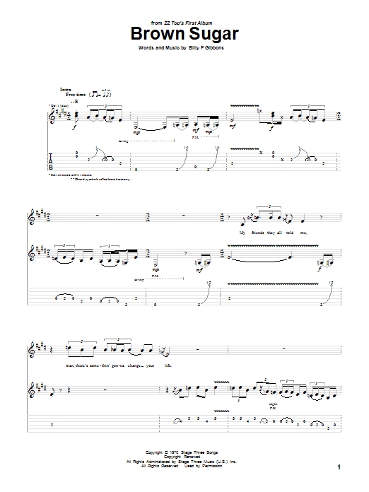 ZZ Top Brown Sugar sheet music notes and chords. Download Printable PDF.