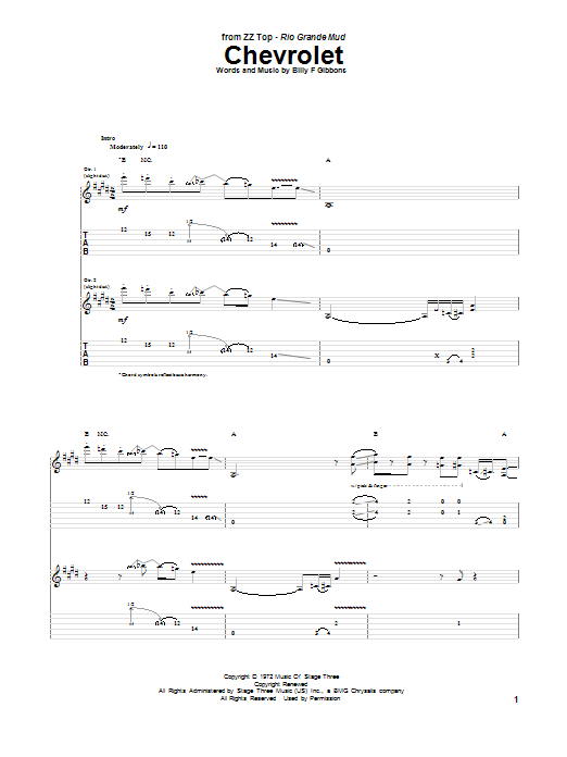 ZZ Top Chevrolet sheet music notes and chords. Download Printable PDF.