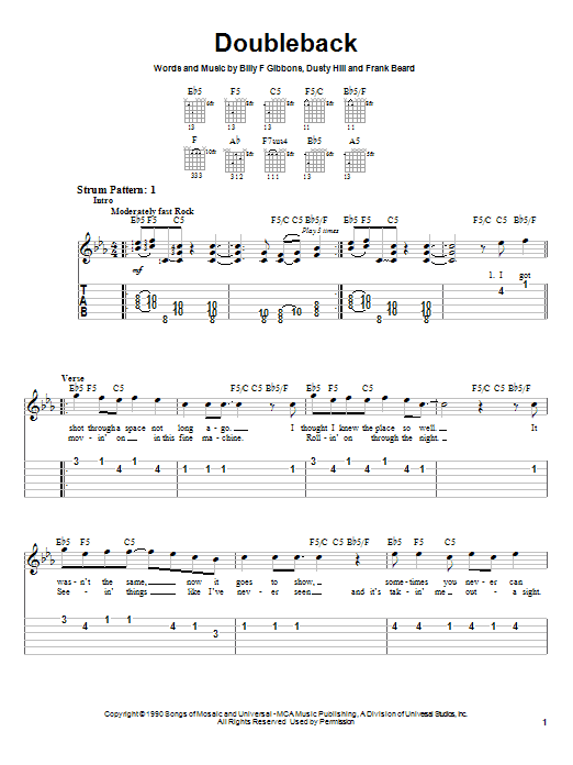 ZZ Top Doubleback sheet music notes and chords arranged for Guitar Tab