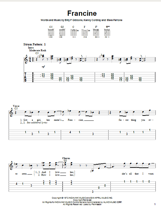 ZZ Top Francine sheet music notes and chords. Download Printable PDF.